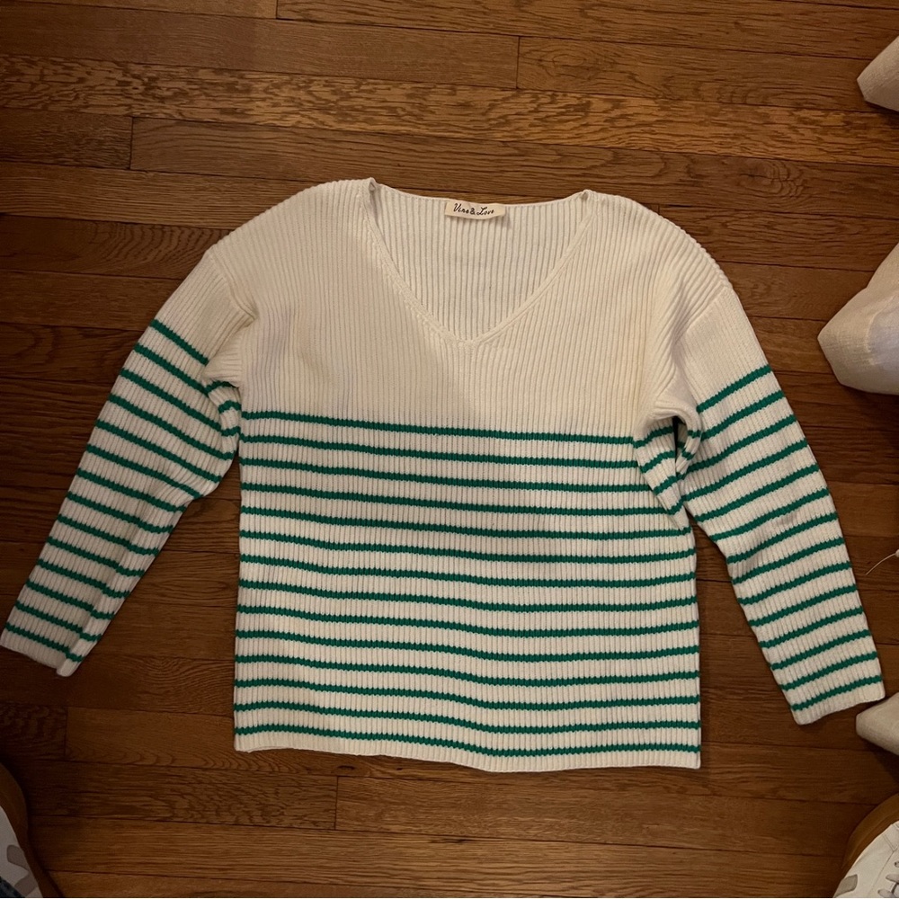 Vine & Love White and Green Striped Sweater